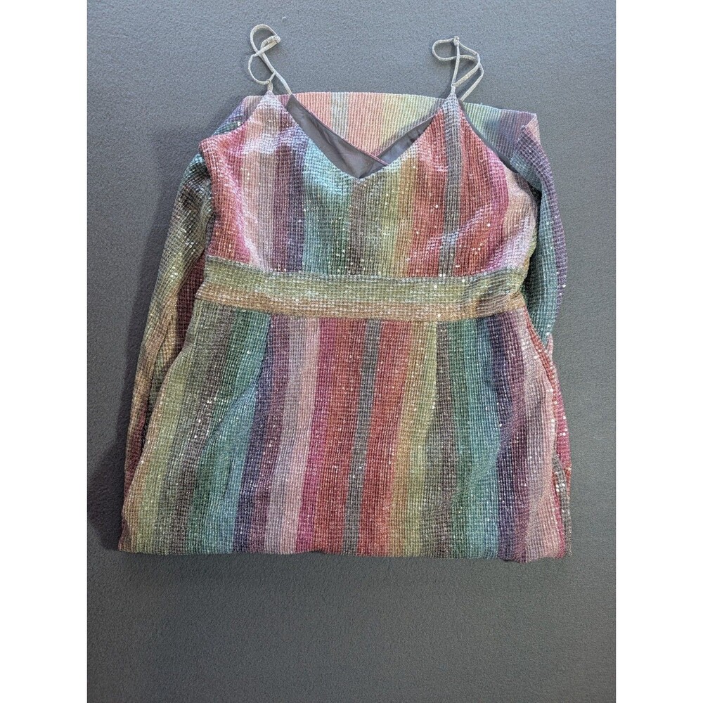 Saylor Womens XL Rainbow Stripe Sequin Metallic Wrap Style Midi Dress - Picture 2 of 5